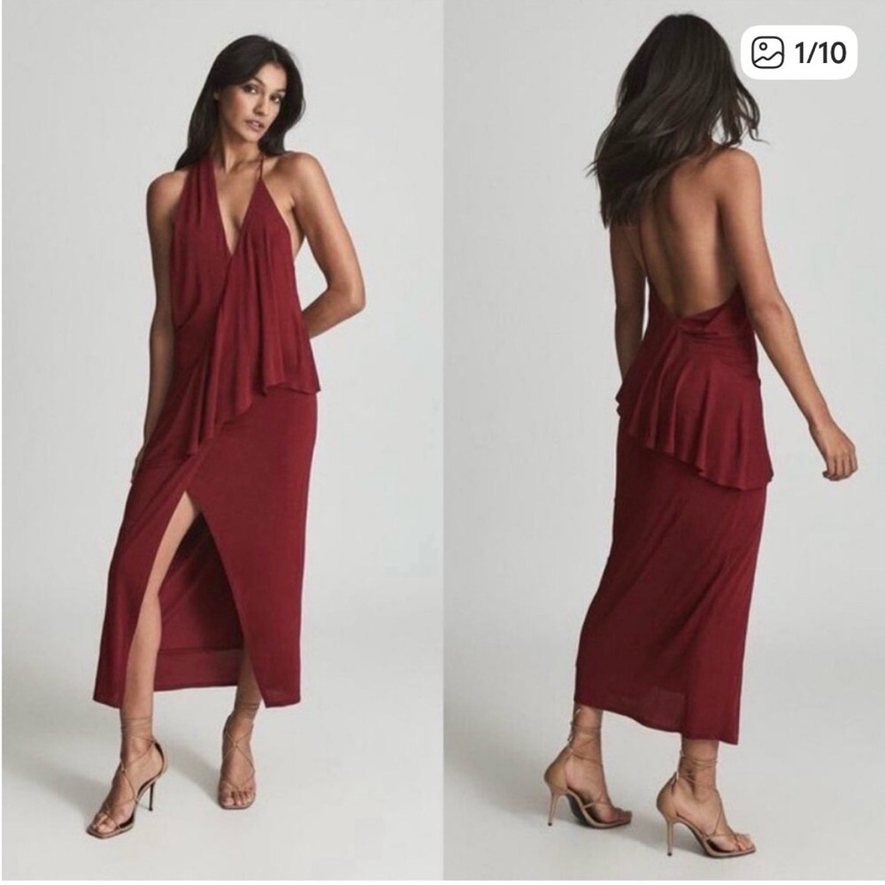 NWOT REISS Xena Ruffle Plunge Neck Midi Dress Dark Red With Open Back Size 6